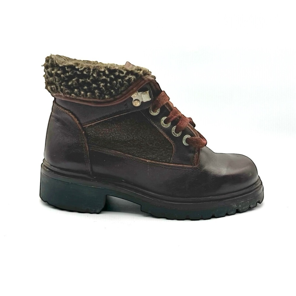 Vintage Lace-Up Winter Boots for Women, 8 US, Chunky Sole, Brown Leather
